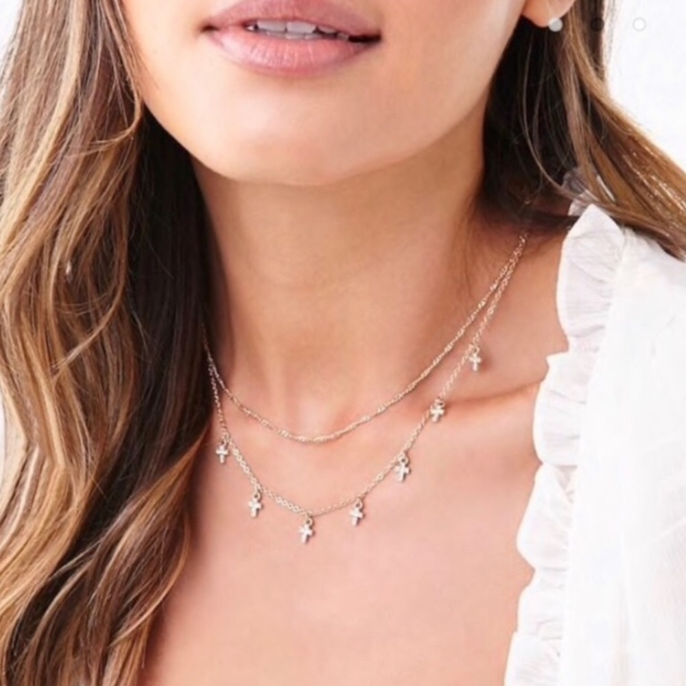 Charm Cross Double Chain Necklace Rhinestone